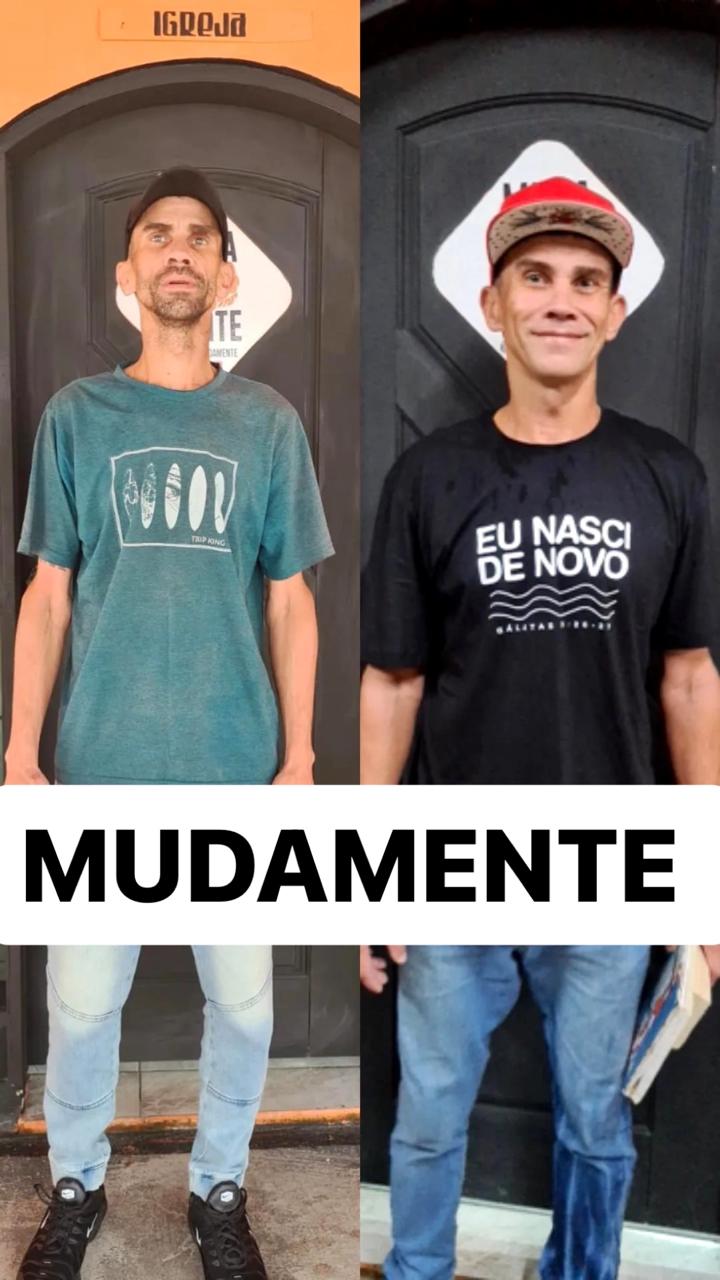 Montagem de dois retratos de uma pessoa diante de uma porta, com a palavra Muda Mente.